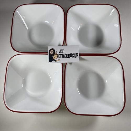 Corelle 4er Set quadratische Suppe Müslischalen 6 1/4" weiß roter Rand