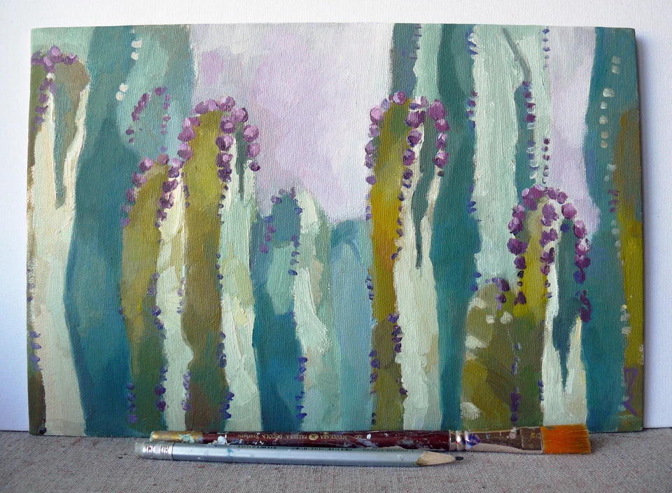 Original Oil Painting Сactus Plants Flowers Nature Artwork 8" x 12" - Image 3 of 4