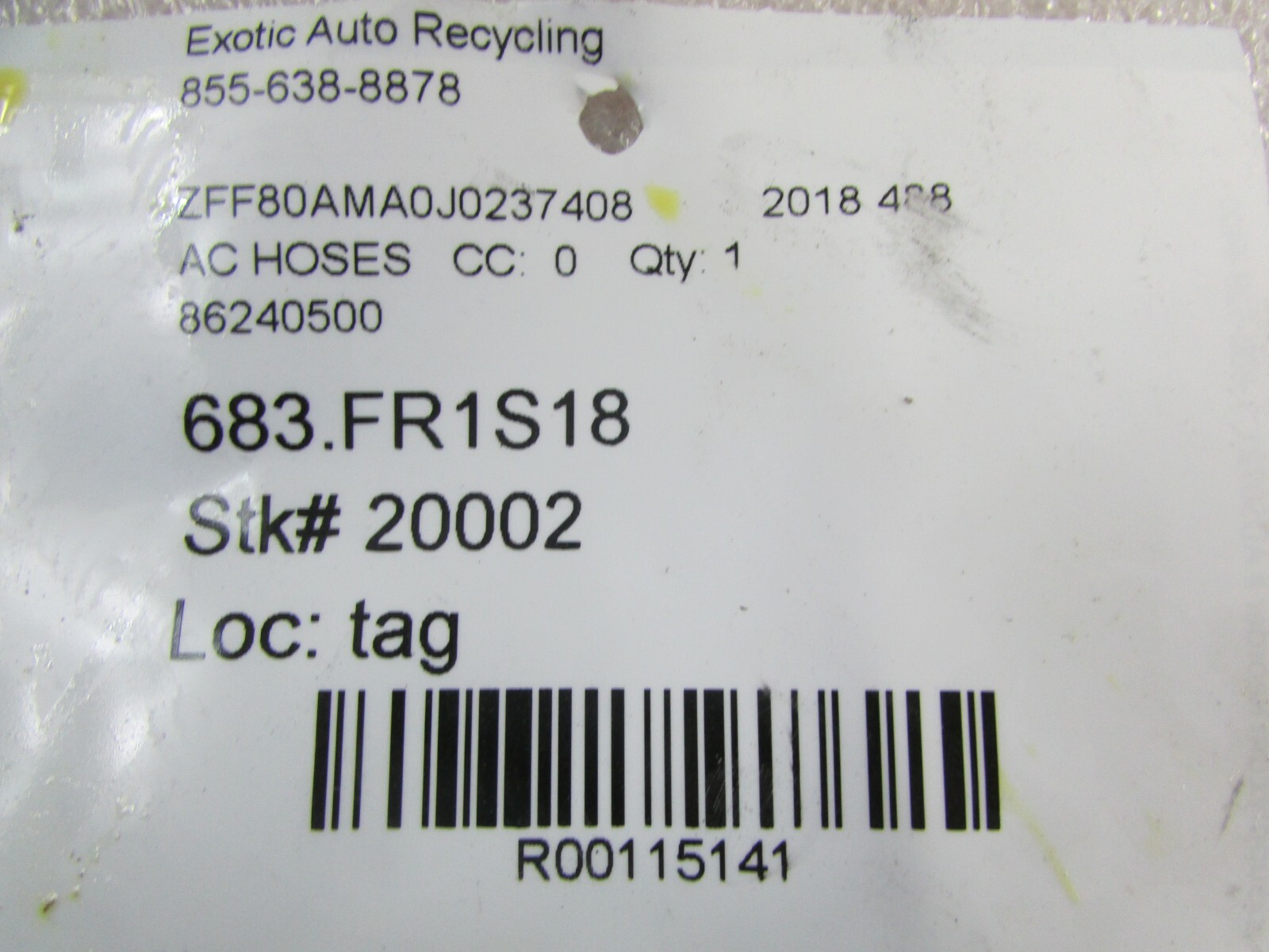 Ferrari 488, AC Compressor Delivery Line, Used, P/N 86240500