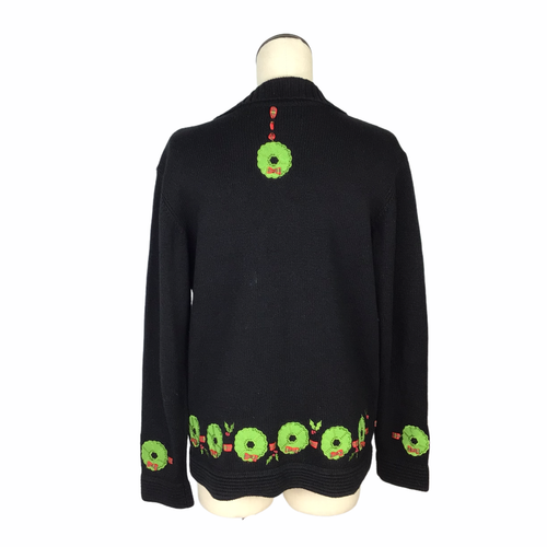 Christmas Holiday Sweater Womens L Black Zip Ribbon Beads Investments - Picture 5 of 8