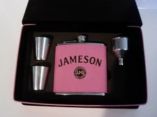Jameson pink leather 6 oz flask gift set 2 shot glasses & funnel in leather box