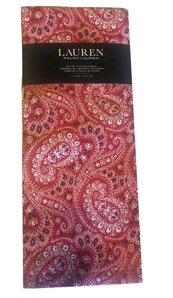 Juego de 3 toallas de cocina Ralph Lauren rojo cachemira bandana estrellas 100 % algodón Foto 4 de 4