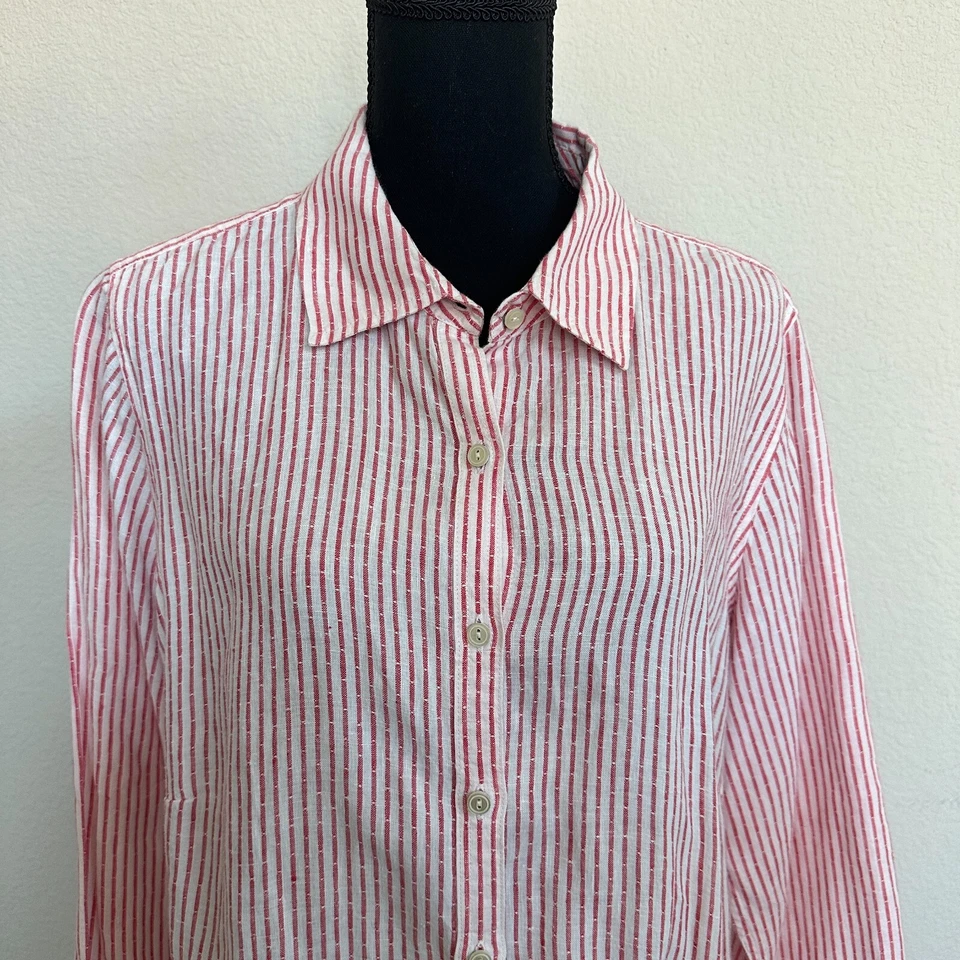 Talbots Button Up Shirt 1X Plus 100% Linen Striped Collared Beachy Red Casual - Image 2 of 4