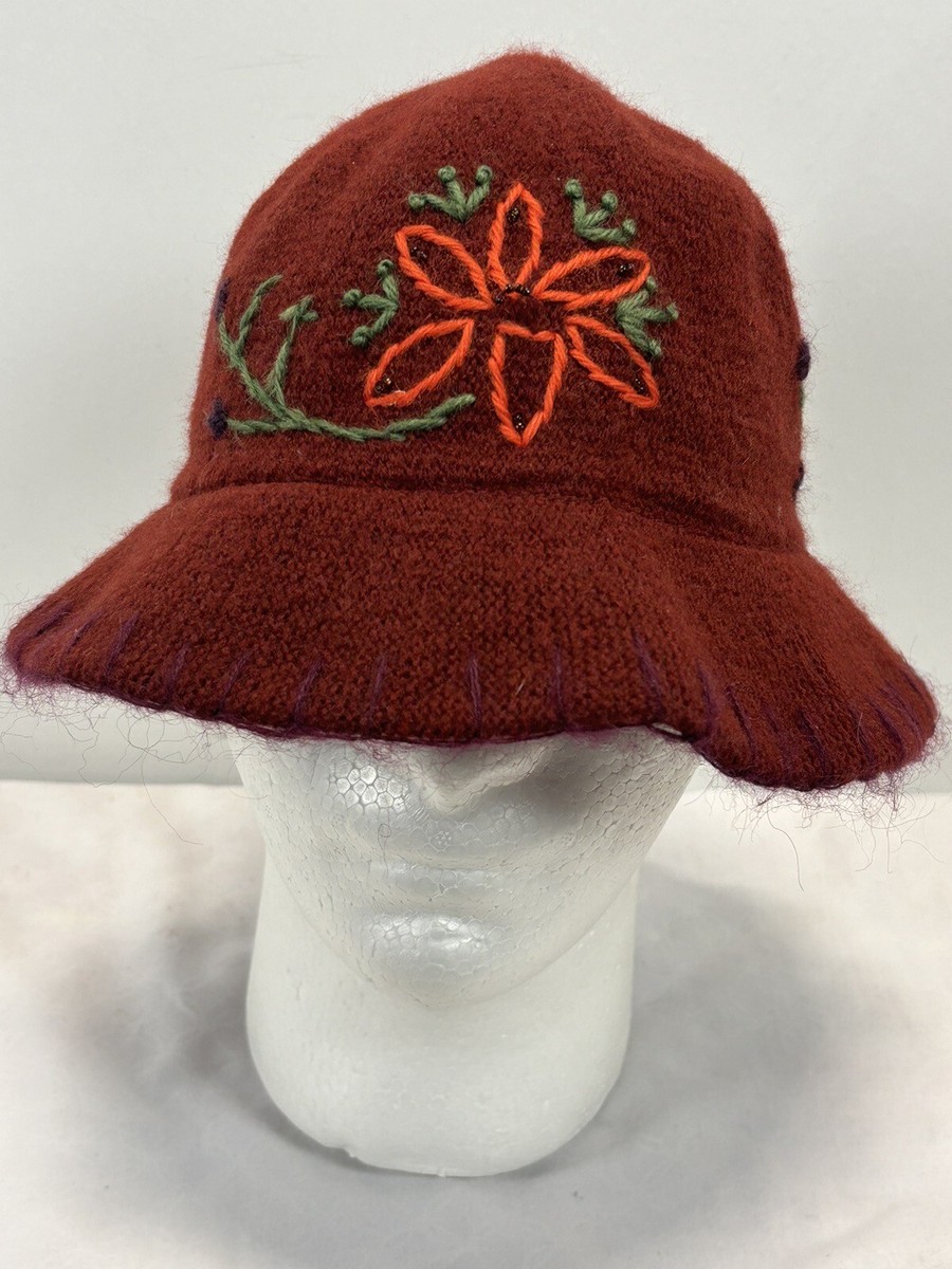 VTG 2000s GAP Y2K Peach Coral Trench Belted Bucket Hat Ditsy Floral Lining S/M Gap Bucket Hat Wool Blend Warm Maroon Flower Floral Y2K  main image 3