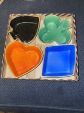 Vintage Japan SET of 4 ASHTRAY trinket Glazed China, Poker table, deck of cards