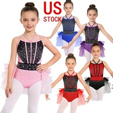 US Kids Girls Sparkly Sequin Ballet Dance Leotard Feather Tulle Dress Dancewear