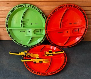 Constructive Eating Construction Plates Lot Orange Green + Utensil Set Toddler