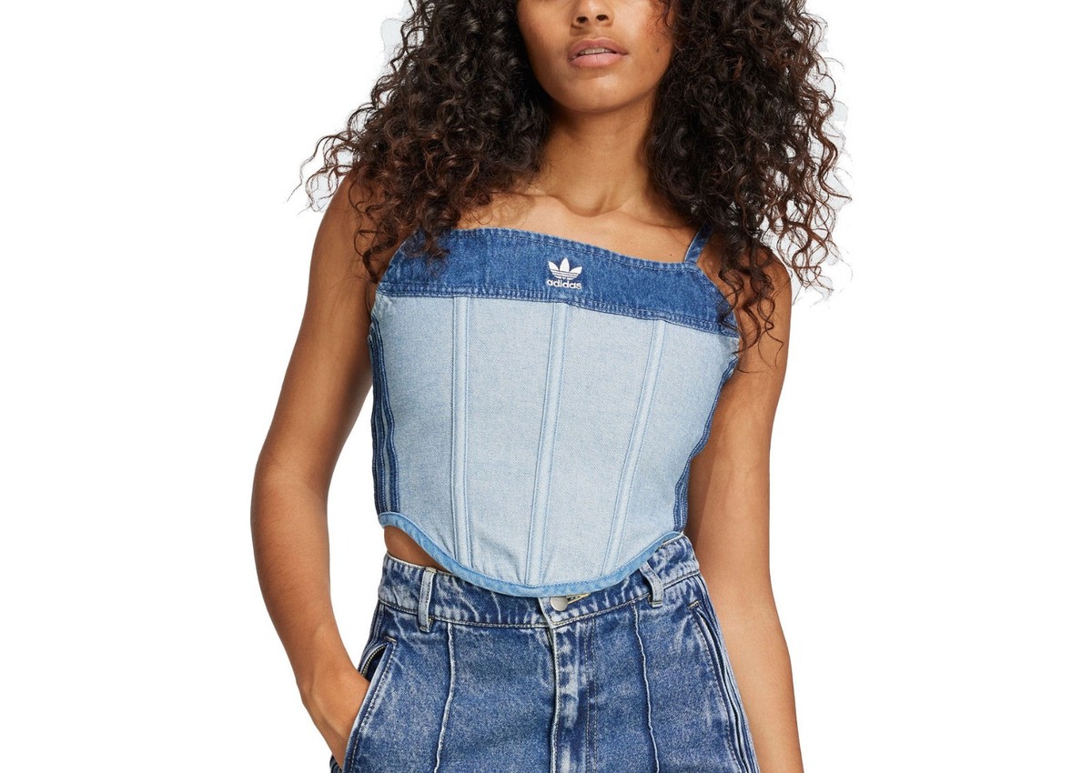 adidas KSENIASCHNAIDER Denim Corset Cropped Top Blue RRP £50