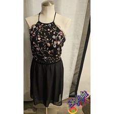 Francesca's Women Black Metallic Embroidered Floral Backless Halter Dress M