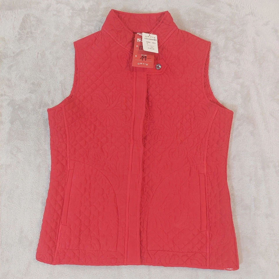Chaleco de seda acolchado Orvis rojo talla S para mujer sin mangas cremallera frontal cuello con botones Foto 2 de 4