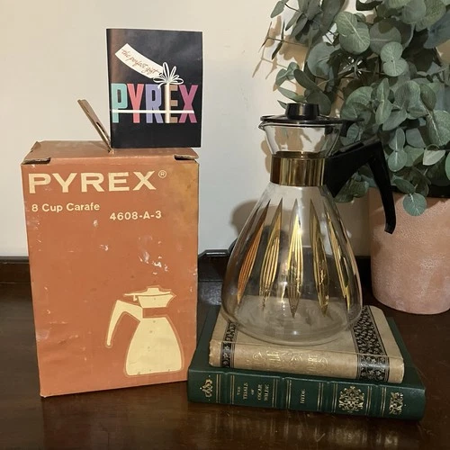 Vintage Pyrex 8 Cup Coffee Carafe Atomic Gold Starburst MCM w/ Box & Advertising