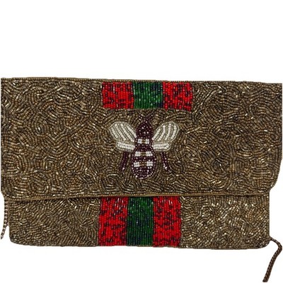 Queen Bee Beaded Crossbody Clutch Gold  Red  Green Stripe Purse Pocketbook