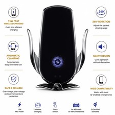 15W Wireless Car Charger Mount Fast Charging Auto-Clamping Phone Holder for iP