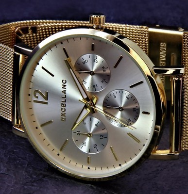 Excellanc Herren Männer Quarz Uhr Gold Silber Farben Edelstahl Mesh Armband SIM2