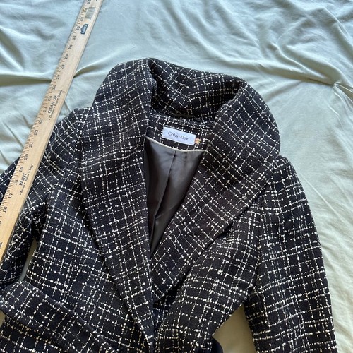 Women's Calvin Klein 10 Black-White pattern belted Blend button up Jacket - Picture 3 of 7