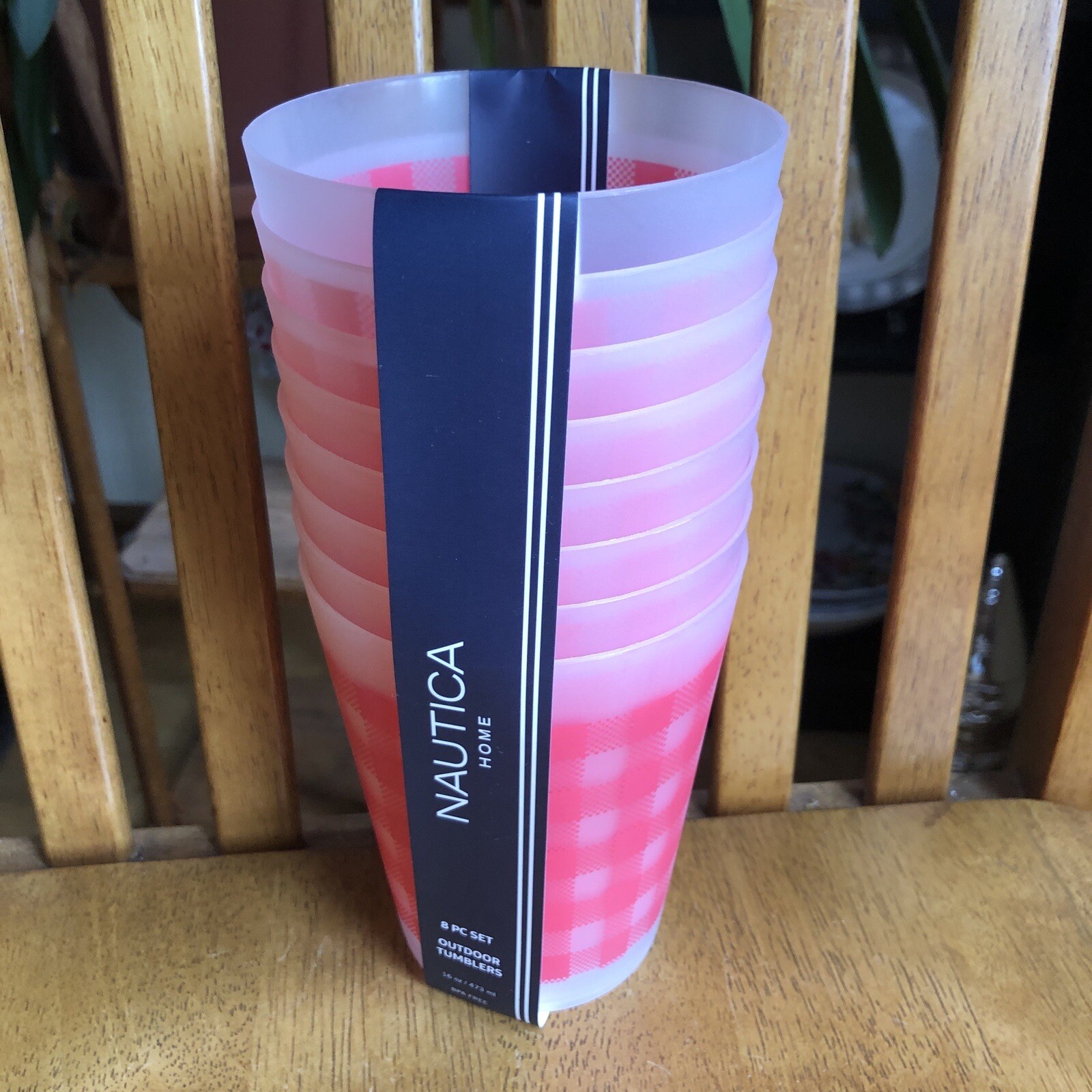 Nautica Outdoor Tumblers Set of 8 Red Gingham Plaid 16oz Plastic