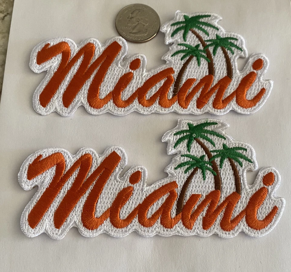 (2)-“MIAMI” VINTAGE HIERRO EN PARCHES BORDADOS. Naranja 5"x 2". Hermoso! Foto 2 de 3