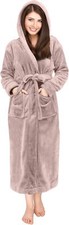 Womens Hooded Fleece Bathrobe Plush Long Robe with Belt and Pockets Sleepwear