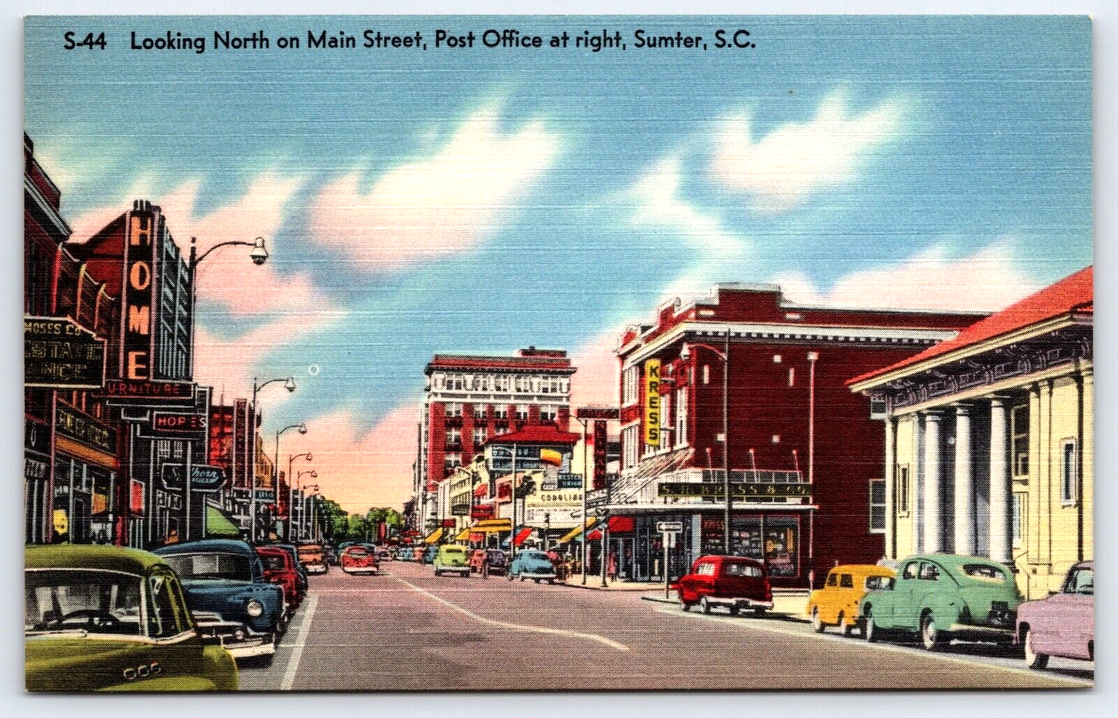 VINTAGE OLD ANTIQUE POSTCARD MAIN STREET SIGNS CARS SUMTER SOUTH CAROLINA USA