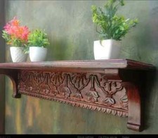 Beautifully Engraved Natural Wooden Wall Shelf/Unique Hand Carved Designer Gift