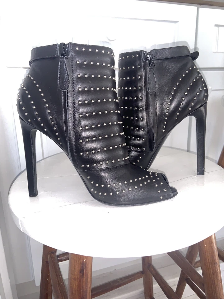 Alexander McQueen Black Leather Ankle Boots Studded Peep Toe Size 38 1/2 - Image 4 of 4