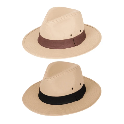 MENS 100% COTTON FEDORA/PANAMA WIDE BRIM SUN HAT WITH BLACK OR BROWN BAND