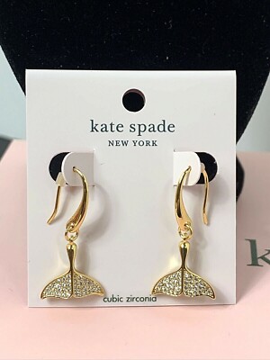 NEW Kate Spade Whale Tail Pave Drop Dangle Earrings Gold