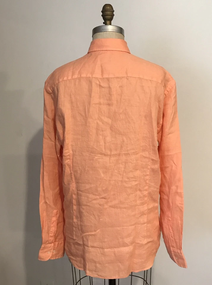NUEVO CON ETIQUETAS Camisa Mossimo Dutti Para Hombres Rosa Salmón Calce Ajustado 100% Lino L/S Talla L Foto 3 de 4