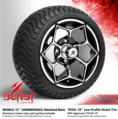 4x GOLF CART 12'' MACHINED HAMMERHEAD WHEELS and 215/35-12 DOT LOW PROFILE TIRES