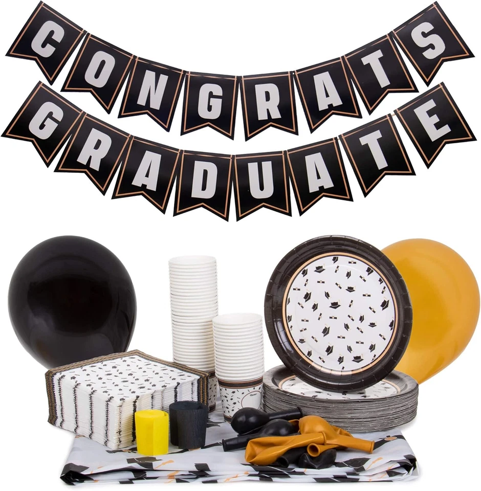 Juego de vajilla de fiesta de graduación fiesta graduada suministros negros y dorados servir 50 Foto 2 de 4