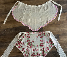 2 Vintage Half Aprons EUC Pleated Floral White w Floral Edges, Thin, Cotton