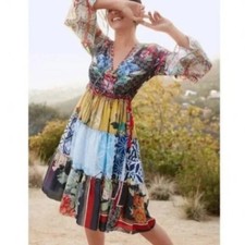 NWT Johnny Was Dunas Tiered Silk Maxi Dress Patchwork Floral Boho XS No Slip