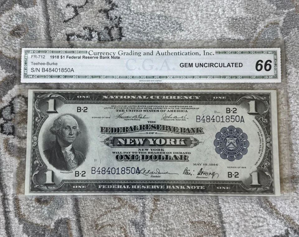 Fr 712 1918 $1 FRBN New York C.G.A. Gem Uncirculated 66 One Of The Finest - Image 2 of 4