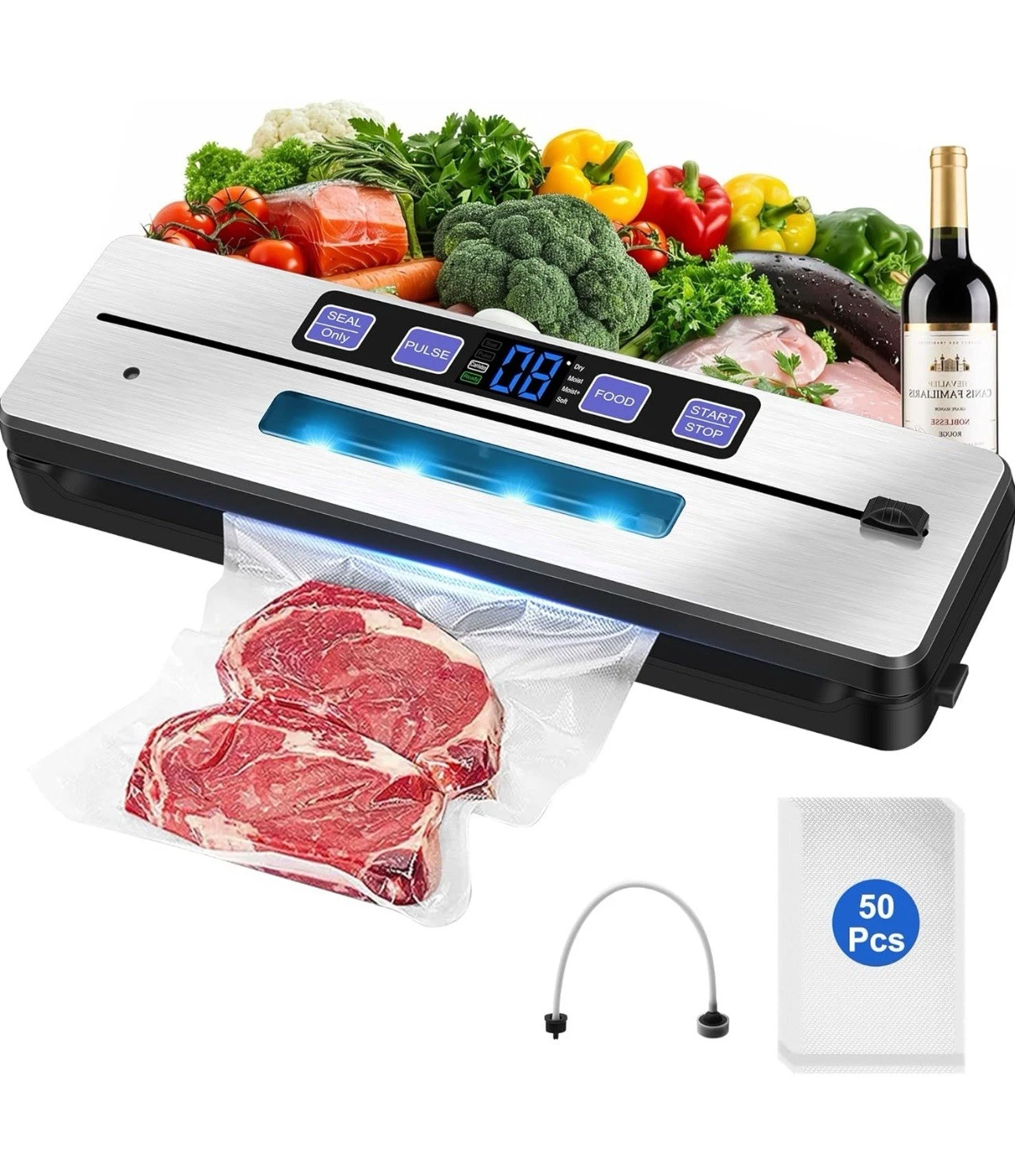 Food Vacuum Pack Machine, Built-in Cutter&Countdown Display, Dry&Moist,50Bags