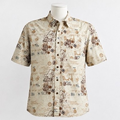 Eddie Bauer Sport Shop Shirt Mens Size XL Beige Short Sleeve Button Topography