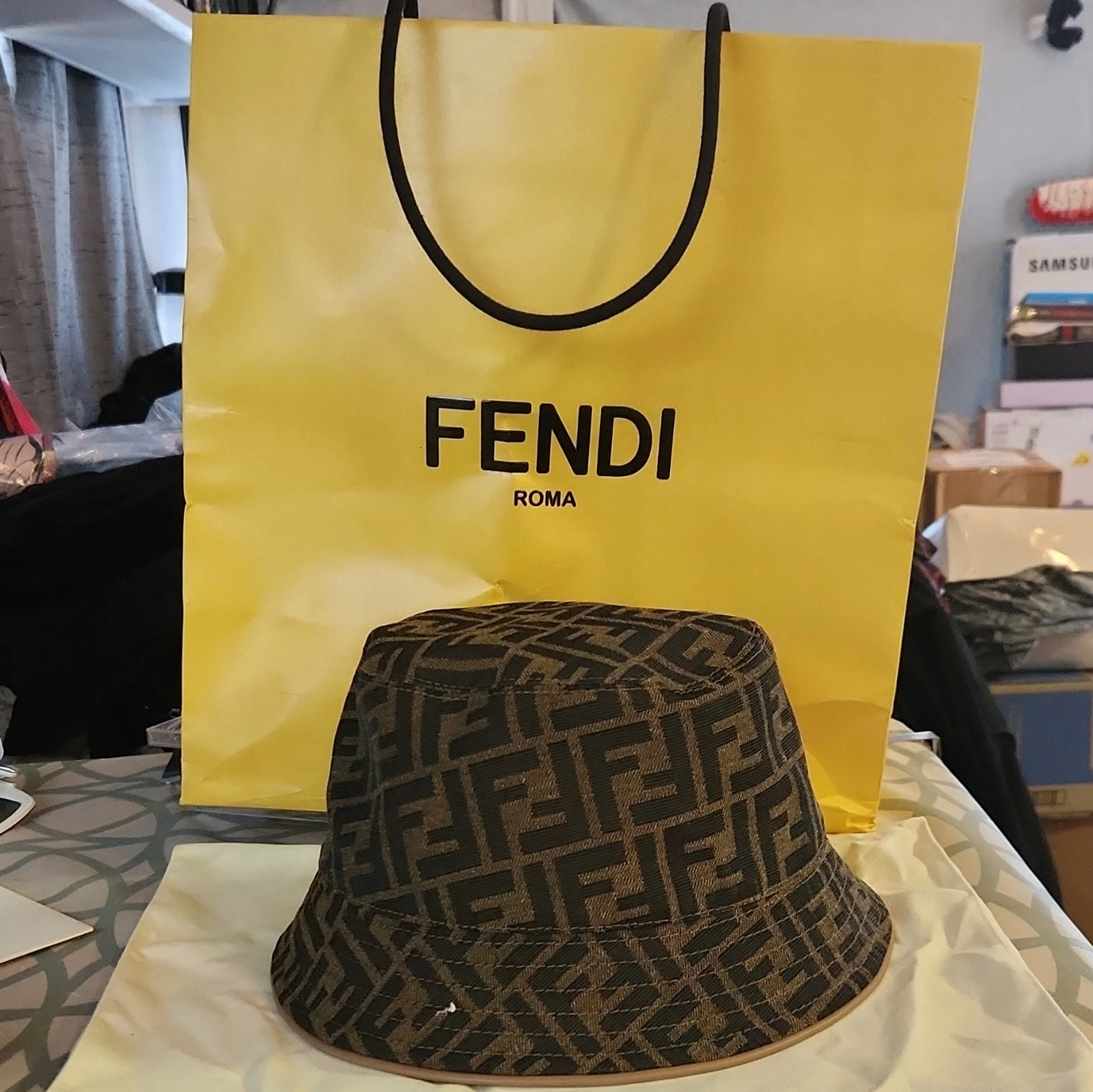 Fendi Roma FF Logo Monogram Bucket Hat Brown/Black Size L Woman's Designer