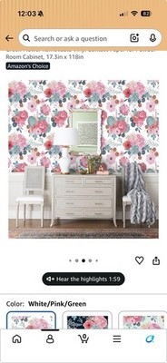 HaokHome Peel & Stick Vinyl Floral Wallpaper Roll 45cm x 3m White/Pink/ 1 Roll