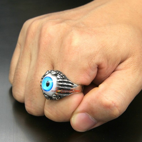 Men's Stainless Steel Gothic Skull Skeleton Claw Hand Evil Devil Eye Biker Ring - Picture 9 of 25