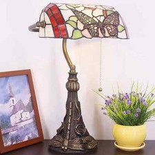 Werfactory Tiffany Style Banker's Table Lamp Butterfly Dragonfly Stained Glass