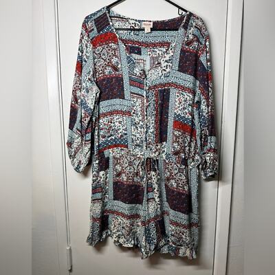 Mossimo Supply Co Red White Blue Patchwork Floral Striped Boho Romper Size XL