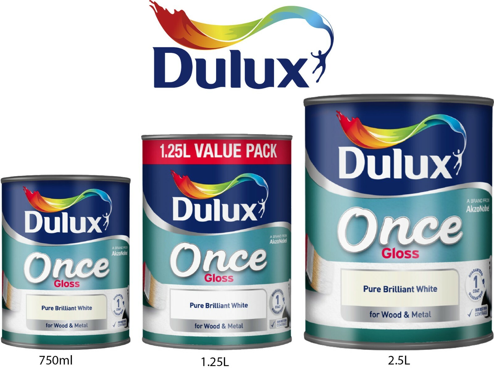 DULUX Once Gloss Pure Brilliant White Paint Wood & Metal 750ML,1.25L