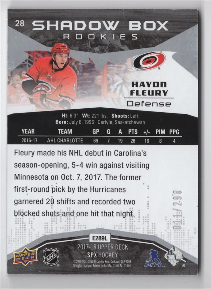 2017-18 SPx Shadow Box Rookies Haydn Fleury /299 Carolina Hurricanes #28 R29 - Image 2 of 2