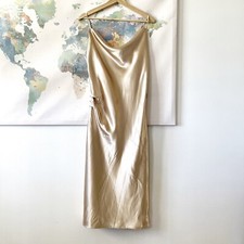 Birdy Grey Dress Medium Gold Satin Spaghetti Strap Cowl Neck New Years Holiday