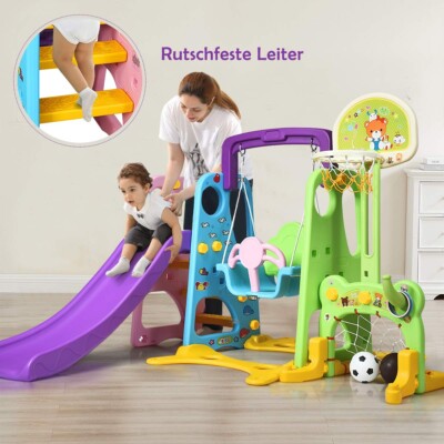 COSTWAY 6-in-1 Kletter- Und Schaukelset Für Kinder – Mit Rutsche, Basketballkorb & Mehr – Indoor & Outdoor Spielspaß Ab 3 Jahren
