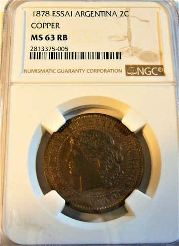 Argentina 1878 ESSAI Copper 2 cents NGC MS63 RB 
