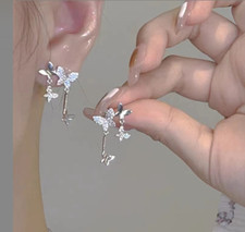 Women 925 Sterling Silver Animal CZ Dangling Butterfly Stud Earrings Gift Box AJ