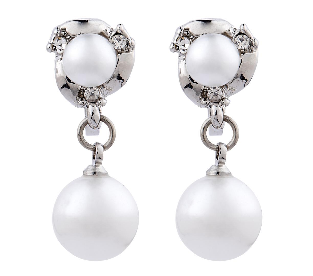 Clip On Pearl Earrings - silver dangle earring with crystal diamantes - Harper