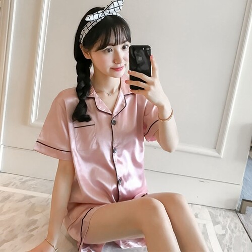 Women Silk Satin Pajamas Set Short Sleeve Button-down Sleepwear Loungewear Charm - Foto 15 di 45
