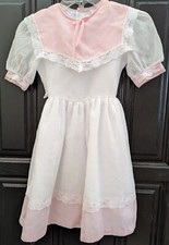 Vtg Girls Dress Long MISS QUALITY White Pink Lace Collared Bow Sz 8 USA 80s Read