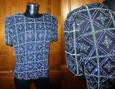 Vtg Royal Blue SEQUIN Beads Pearl Embroidered SILK Evening Party Top Blouse PL